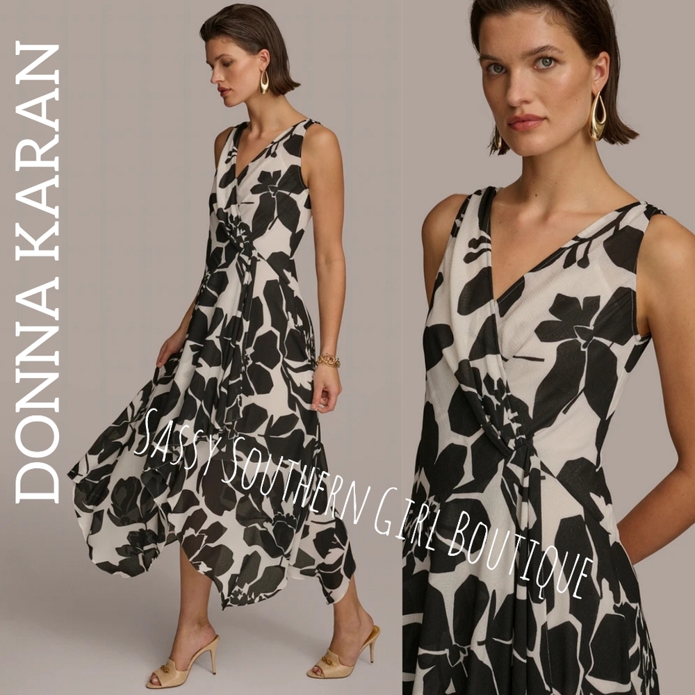 🆕⭐ Donna Karan Black Label White Black Floral Midi Dress - Picture 2 of 14